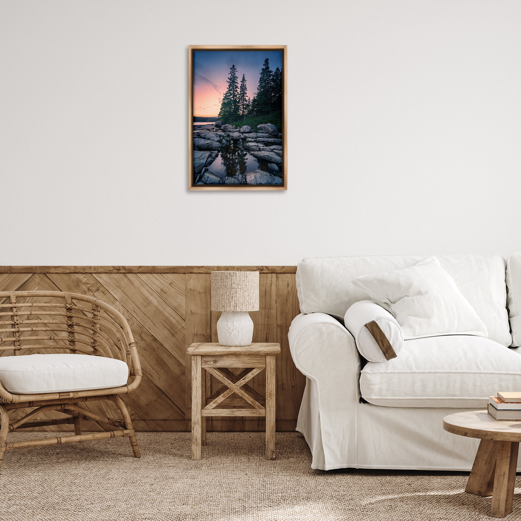 Stupell Industries Trees Reflected in Tide Pool Landscape & Nature Photography Brown Floater Framed Canvas Art Print Wall Art, 17 x 25