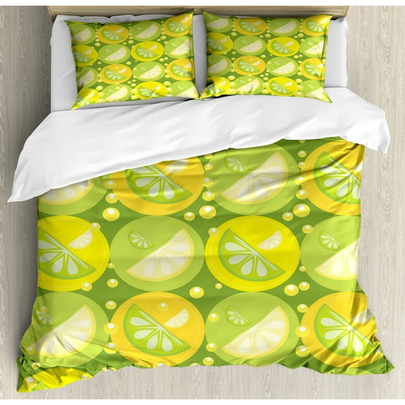 Lemons Queen Size Duvet Cover Set, Lime Slices in Creative Bubbly Cells Realistic Illustration, Decorative 3 Piece Bedding Set with 2 Pillow Shams, Lime Green Pale Green and Yellow, by Ambesonne
