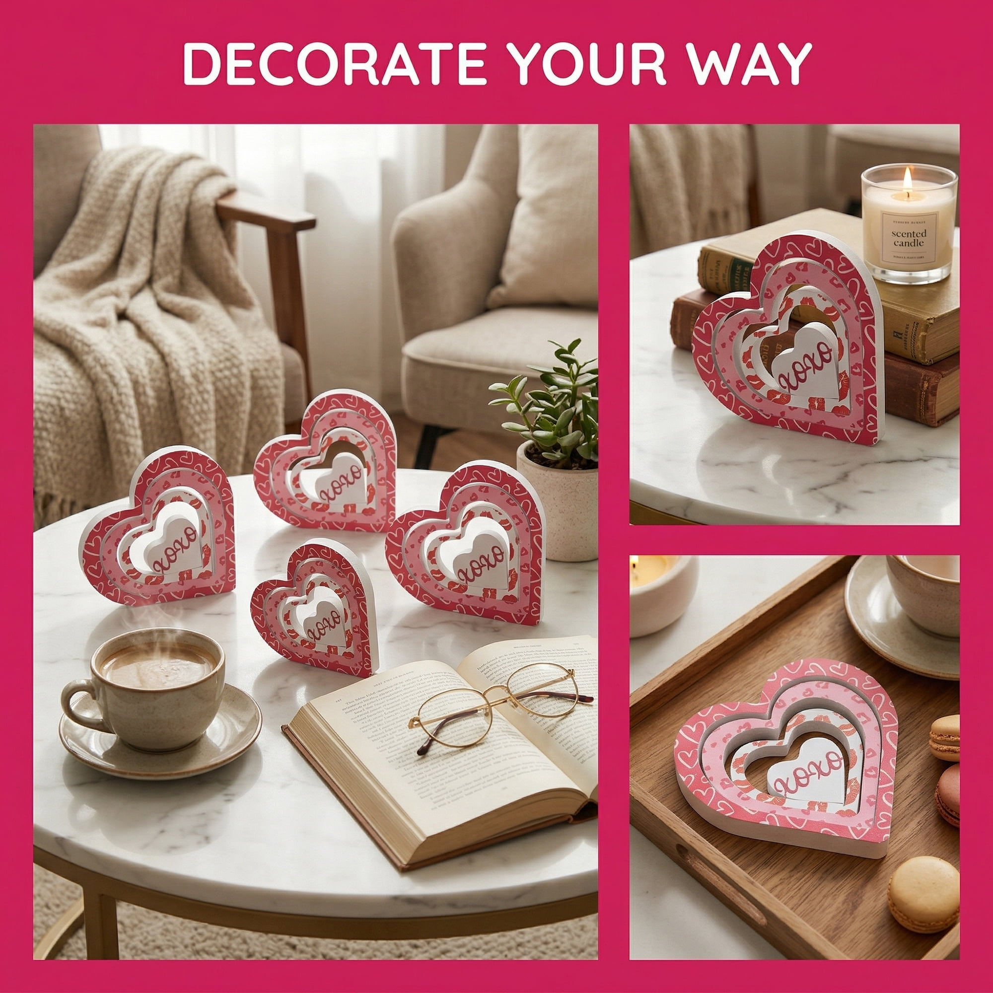 Unique Bargains Wooden Heart Table Decor Removable Stackable Heart Sign Style B 5.1in