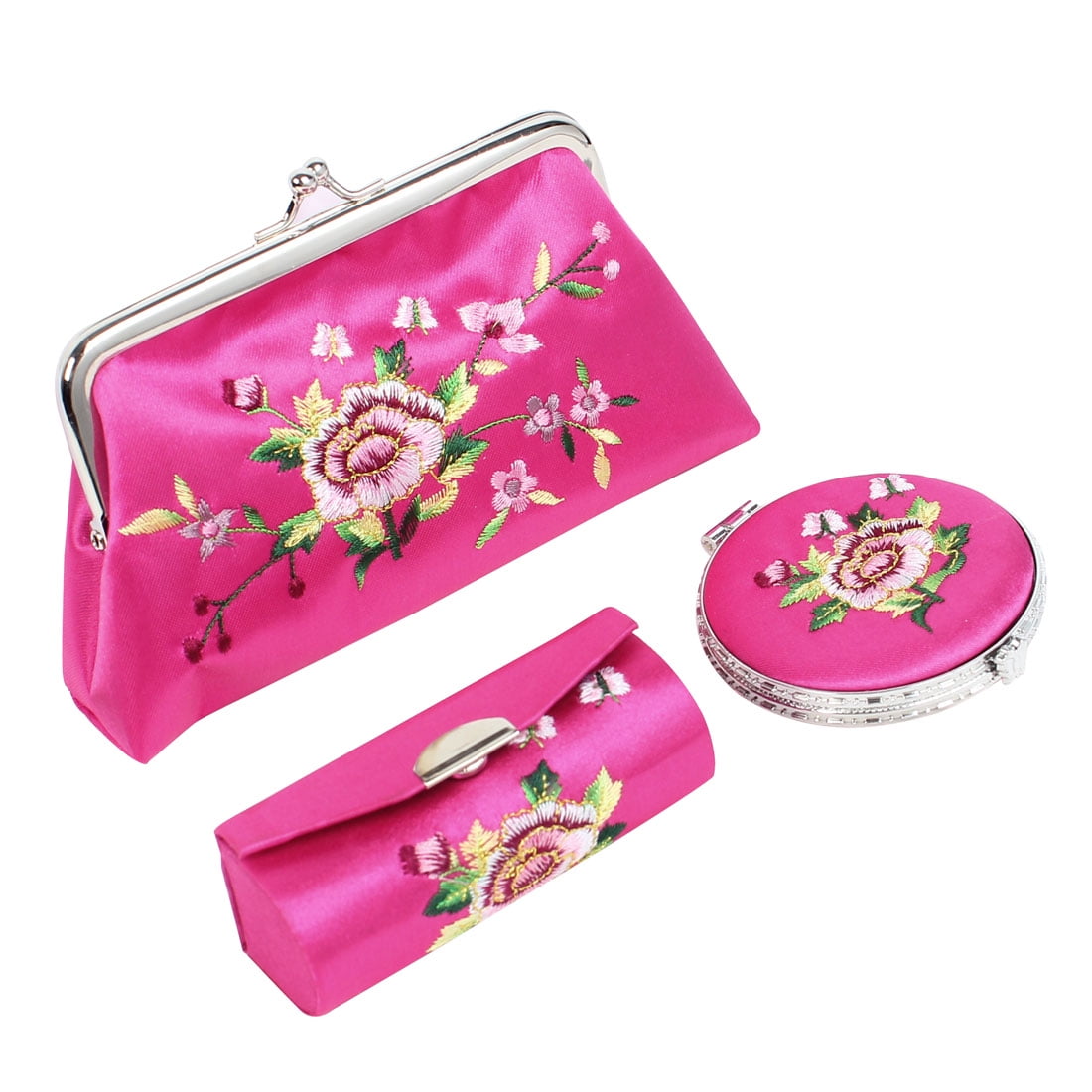 Fuchsia Floral Embroidered Wallet Handbag Mirror Lipstick Holder Case 3