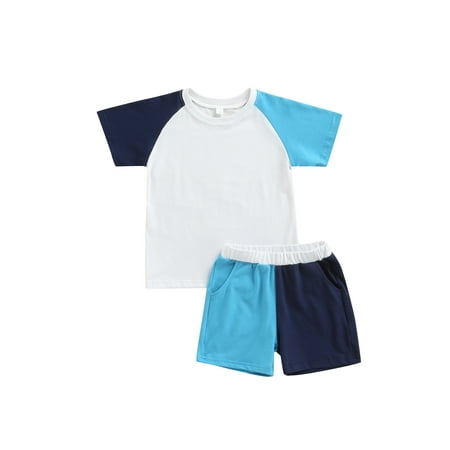 

Boy Casual Two-Piece Sports Suit Toddler Kid Contrast Color Short Sleeve Tops Shorts with Pockets
