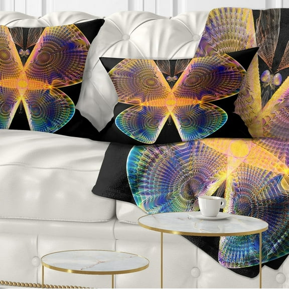 Designart Blue Yellow Fractal Butterfly in Dark - Abstract Throw Pillow - 12x20