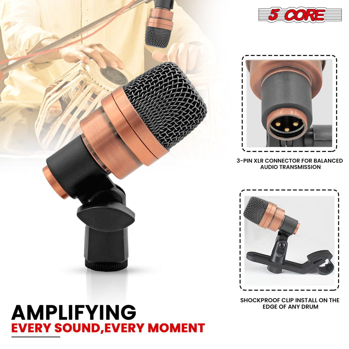 Tabla Mic XLR Wired Uni Directional Snare Tom Kick Instrument Microphone with Dynamic Moving Coil Swivel Mount Steel Mesh Grille Included Mini Tripod Rim Mount - Tabla MIC 2XP COPPER