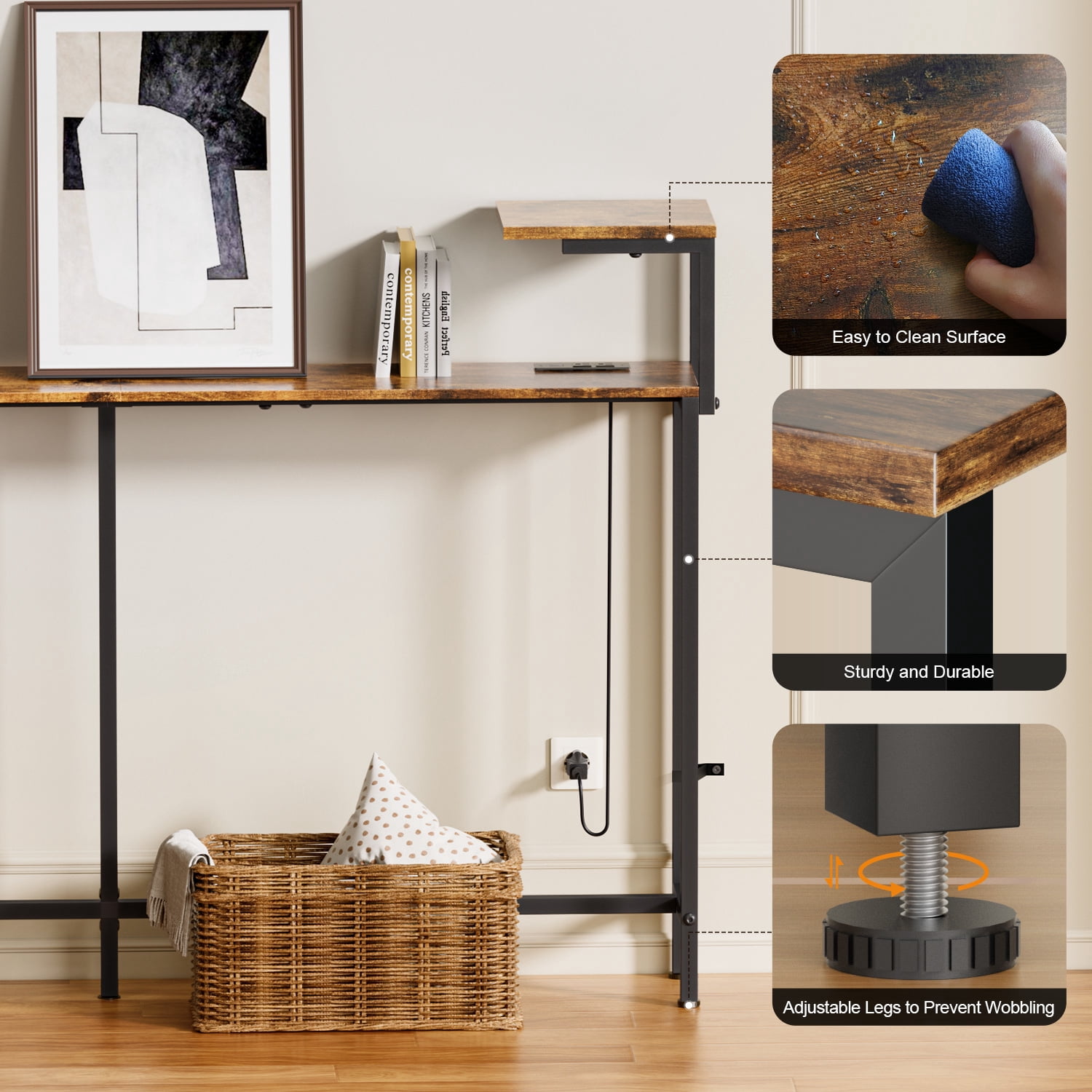 HLDIRECT 71 inch Console Table with Storage, Narrow Entryway Table with Outlet, Sofa Table with LED Light for Living Room, Hallway Table
