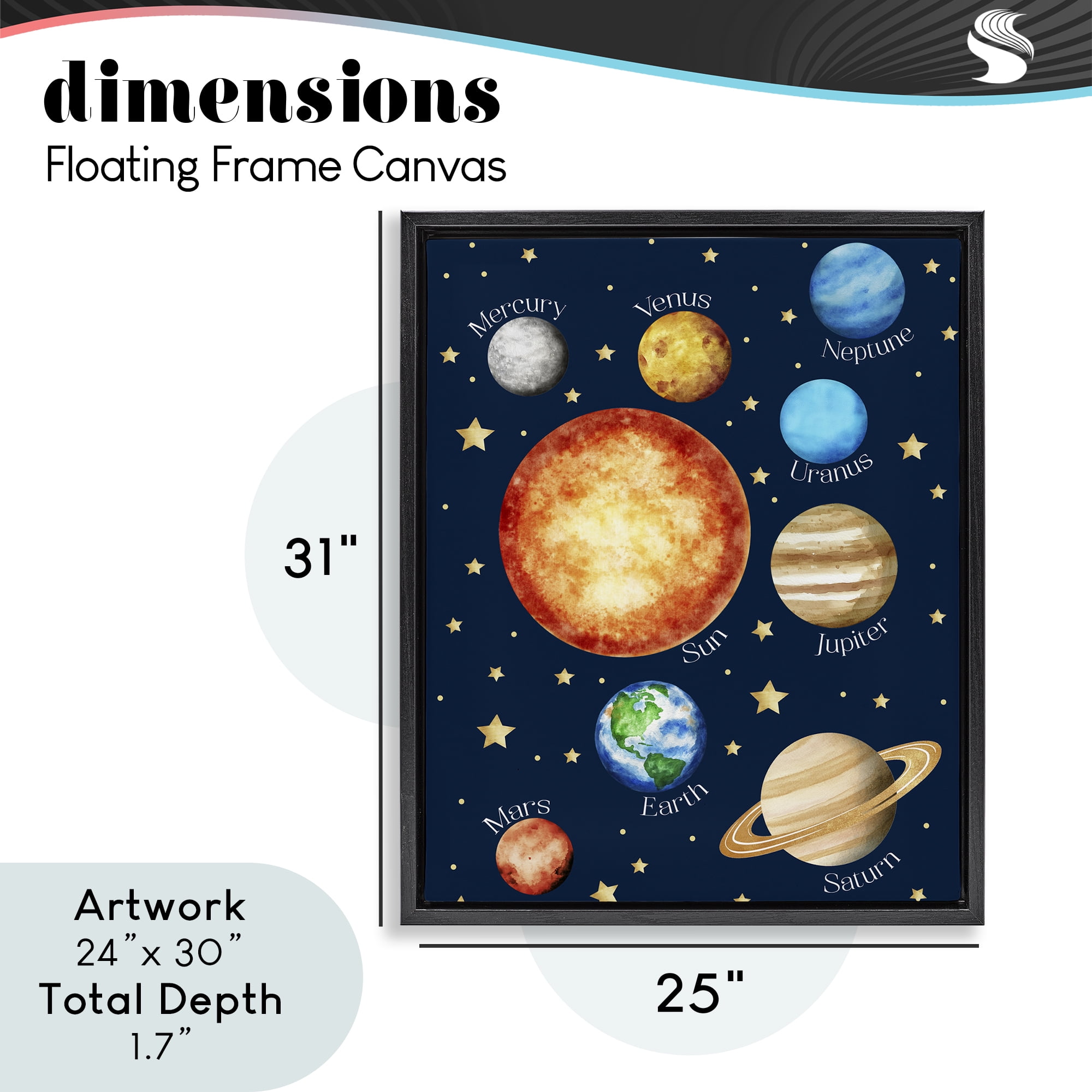 Educational Solar System Space Black Framed Floater Canvas Wall Art, design by Christine Simpson Art