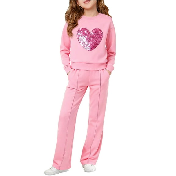 Erwazi Toddler Girls Outfits Set 2Pcs Sweatsuits Valentines Long Sleeve Sweatshirt Elastic Waist Sweat Pants Clothes Kids Fall Winter Clothing Sets, Pink, 9-10 Years