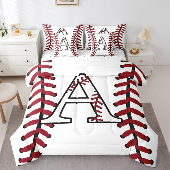 Homewish Initial A Letter Twin Bedding Sets 7-Piece for Teen, Baseball Sports Lover Bedding Comforter Set, Cartoon Ball Print Reversible Sheet Sets, Luxury Bedroom Decor