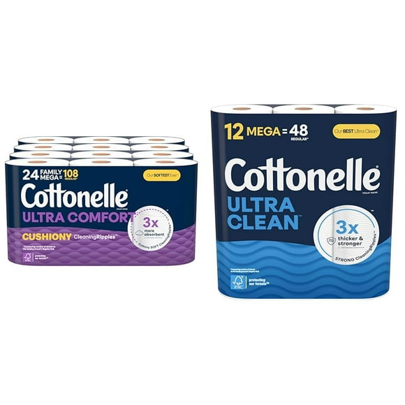 Cottonelle Papier Toilette Ultra Confort avec Texture de Nettoyage Coussinée, 24 Rouleaux Méga Famille & Papier Toilette Ultra Propre, Papier Toilette Solide, 12 Rouleaux Méga