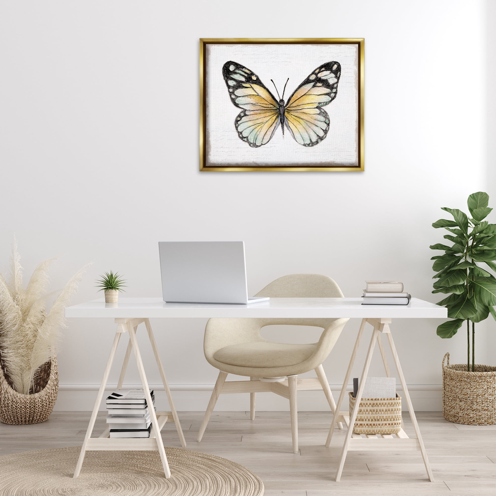 Stupell Industries Country Butterfly on White Animals Painting Gold Floater Framed Canvas Art Print Wall Art, 31 x 25