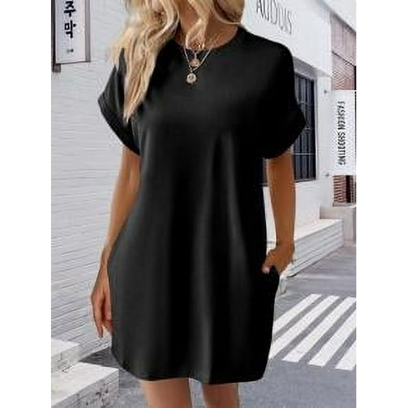 Women's Casual Short Sleeve Tee Dress, Solid Round Neck Mini Dress with Pockets, Comfortable Regular Fit