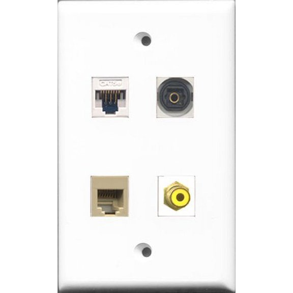 RiteAV 1 Port RCA Yellow and 1 Port Phone RJ11 RJ12 Beige and 1 Port Toslink and 1 Port Cat5e Ethernet White Wall Plate