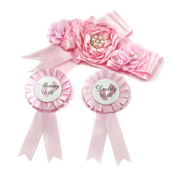 Pink Baby Shower Sash and Pin, Maternity Sash and Mommy Daddy Corsage Set Girl, Pearls Flowers Pregnant Sash Belt, Mom and Dad to be Badge Tinplate for Gender Reveal Party