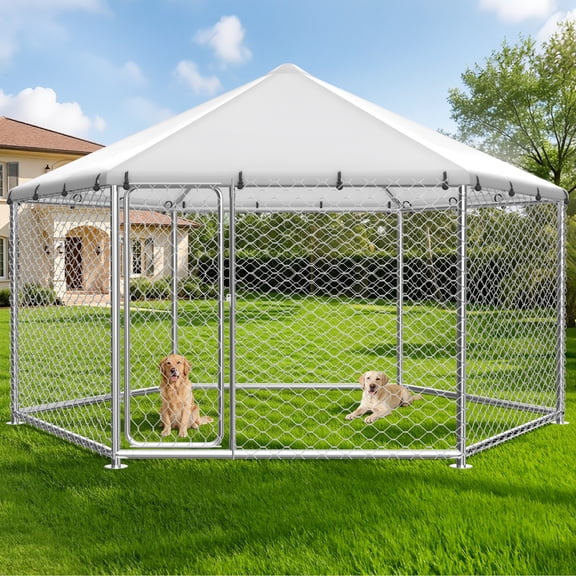 TIME RAY 12.5x12.5 ft Outdoor Dog Kennel,Heavy Duty Outdoor Dog Enclosure with Waterproof Cover and Security Lock, Galvanized Chain Link Hexagonal Dog Cage for Extra Large Dog