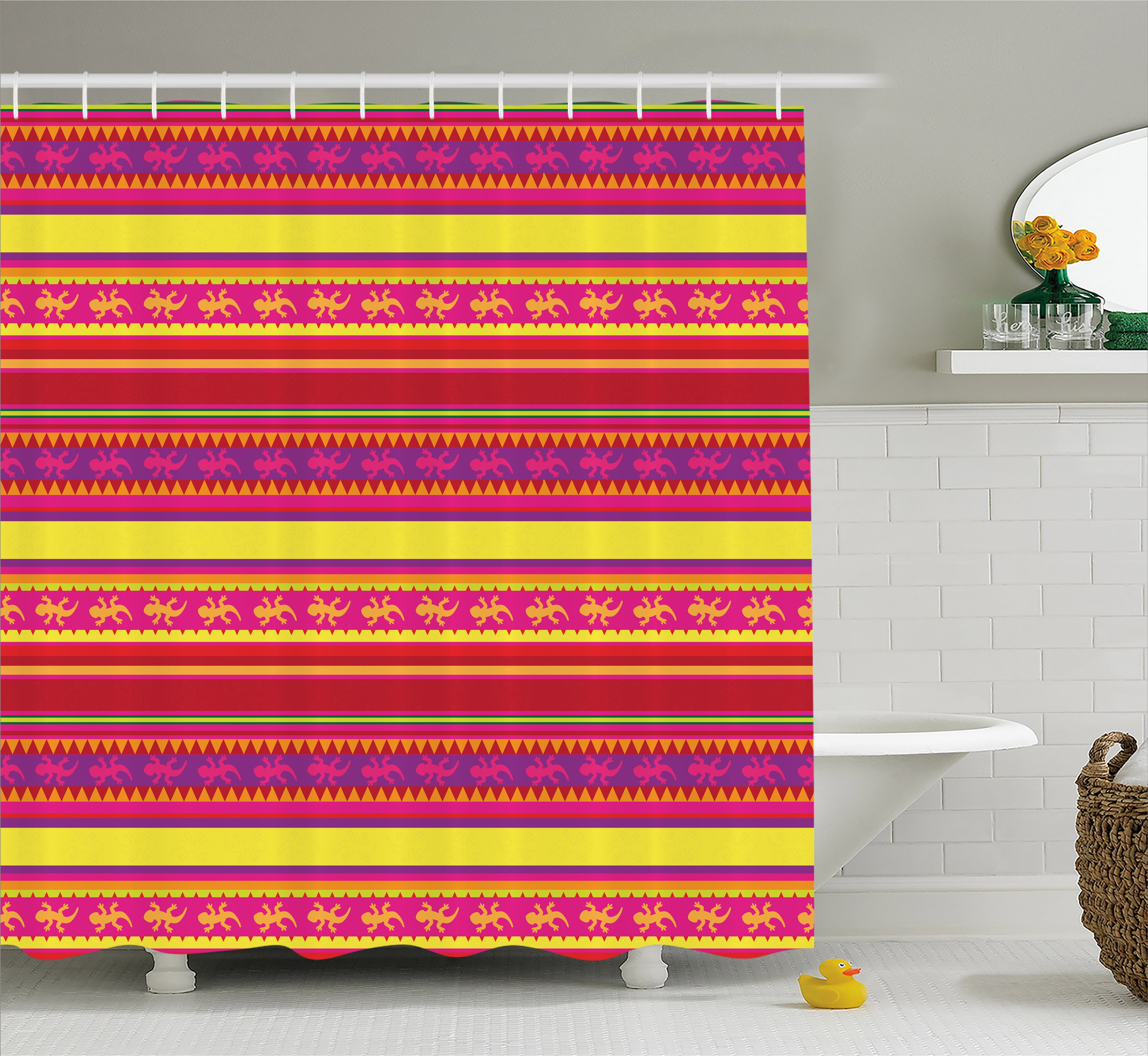 Mexican Shower Curtain, Vibrant Colored Striped Pattern with Abstract
