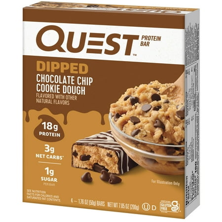 Quest Dipped Protein Bars, 18g Protein, Gluten Free, Chocolate Chip Cookie Dough, 4 Count