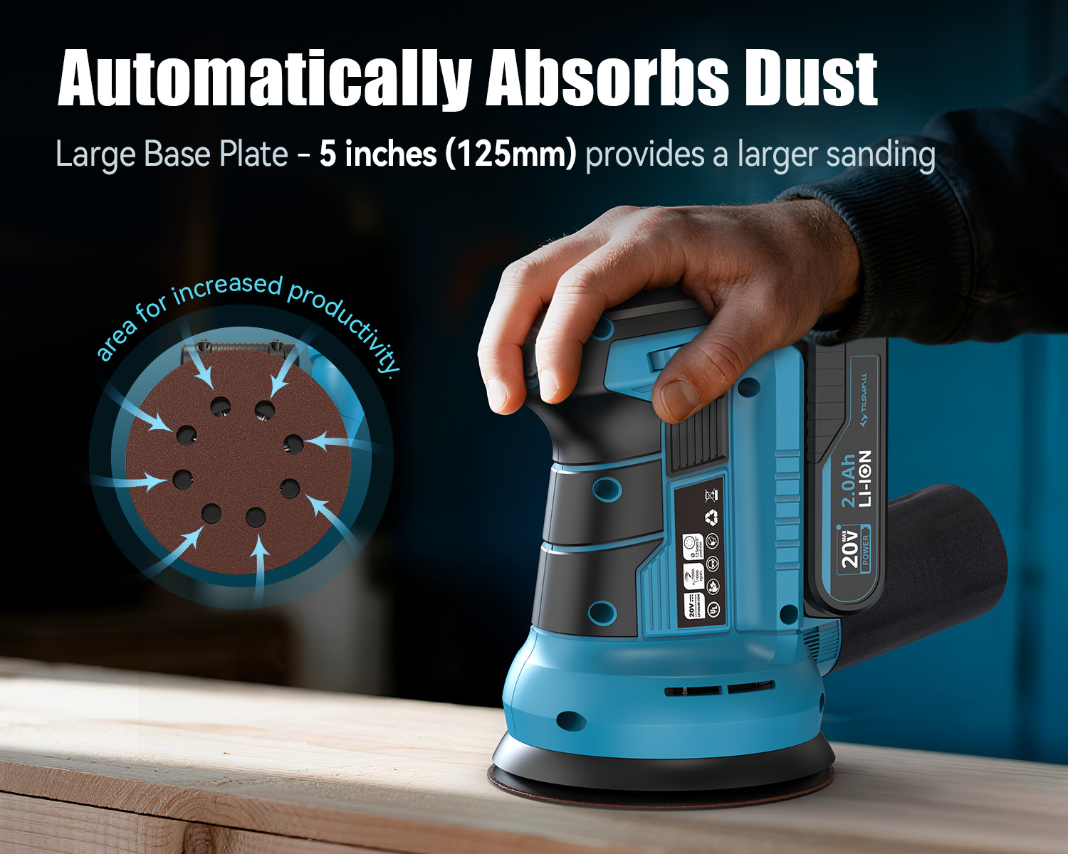 Tilswall 20V Cordless Orbital Sander, 5" Electric Palm Hand Sander Tool, 11,000 RPM, with Vacuum Dust Collector, Random Orbit Power Sander for Woodworking, Blue