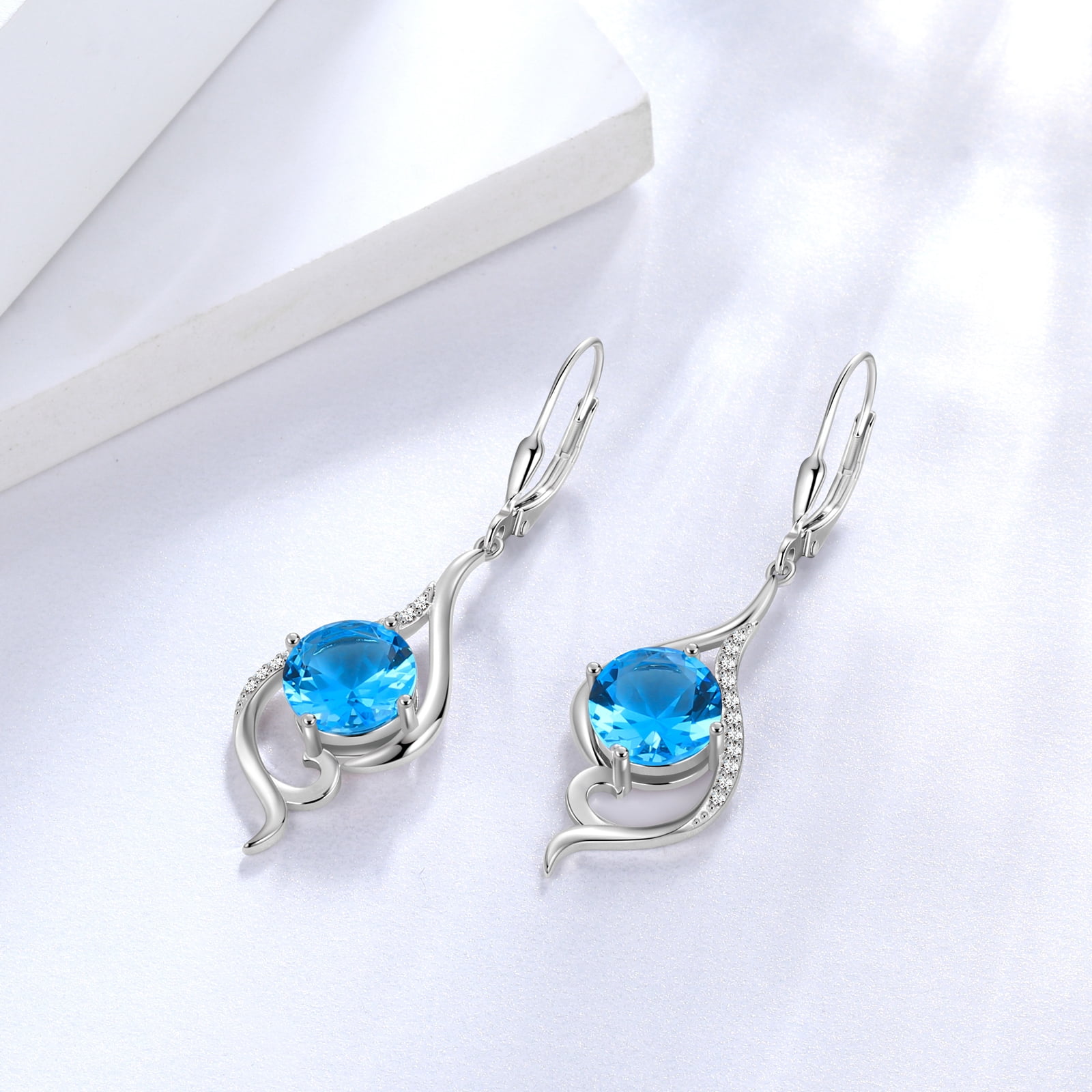 Juwaliy Women Dangle Earrings March Birthstone Earrings Aquamarine Blue Topaz Jewelry Tail 925 Sterling Silver Leverback Mother Wife Christmas Valentines Day Gift for Her