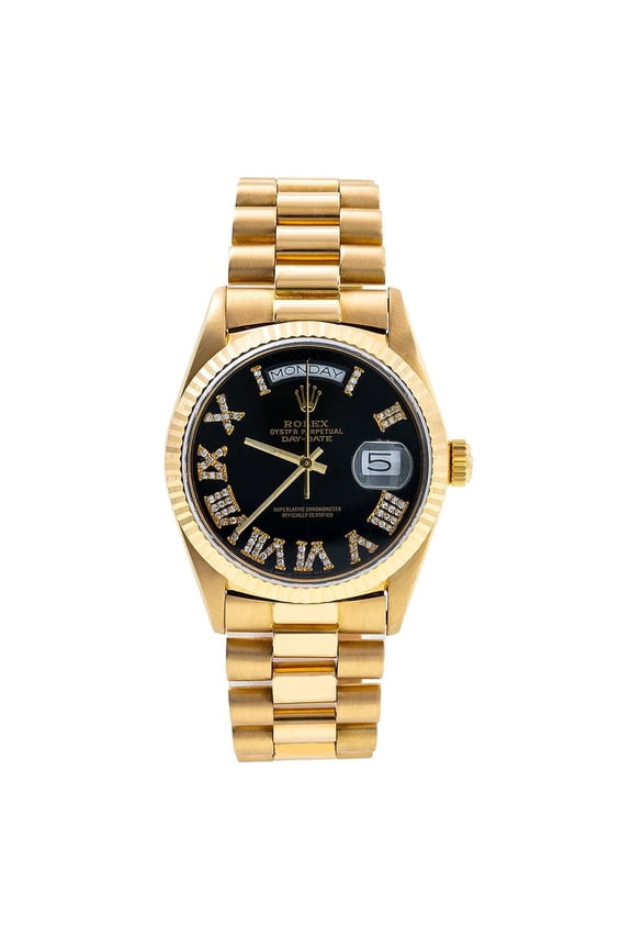 Pre-Owned Rolex Day-Date 36MM 1803 Black Roman Diamond Dial Fluted Bezel 18K Yellow Gold President Bracelet