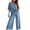 Sky Blue, variant on Xioeram 2 Pcs/Set Women Top Pants Set High Waist Solid Color Wide Leg Pleated Trousers V Neck Bat Sleeve Loose T-shirt Casual Commute Outfit Blouse Pants Set