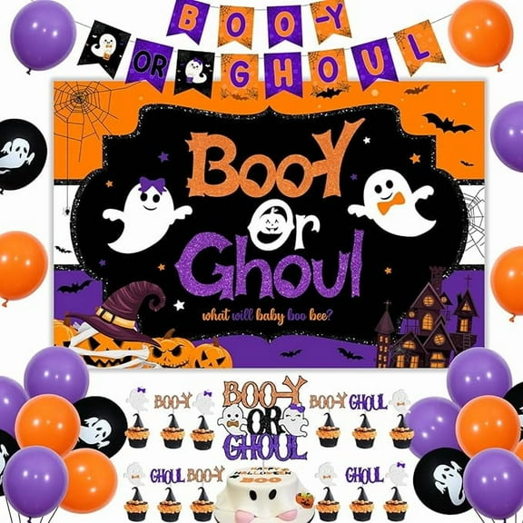 Halloween Gender Reveal Decorations - Booy or Ghoul Banner Backdrop, Orange and Purple Gender Reveal Decorations, Ghost Balloons for Baby Shower