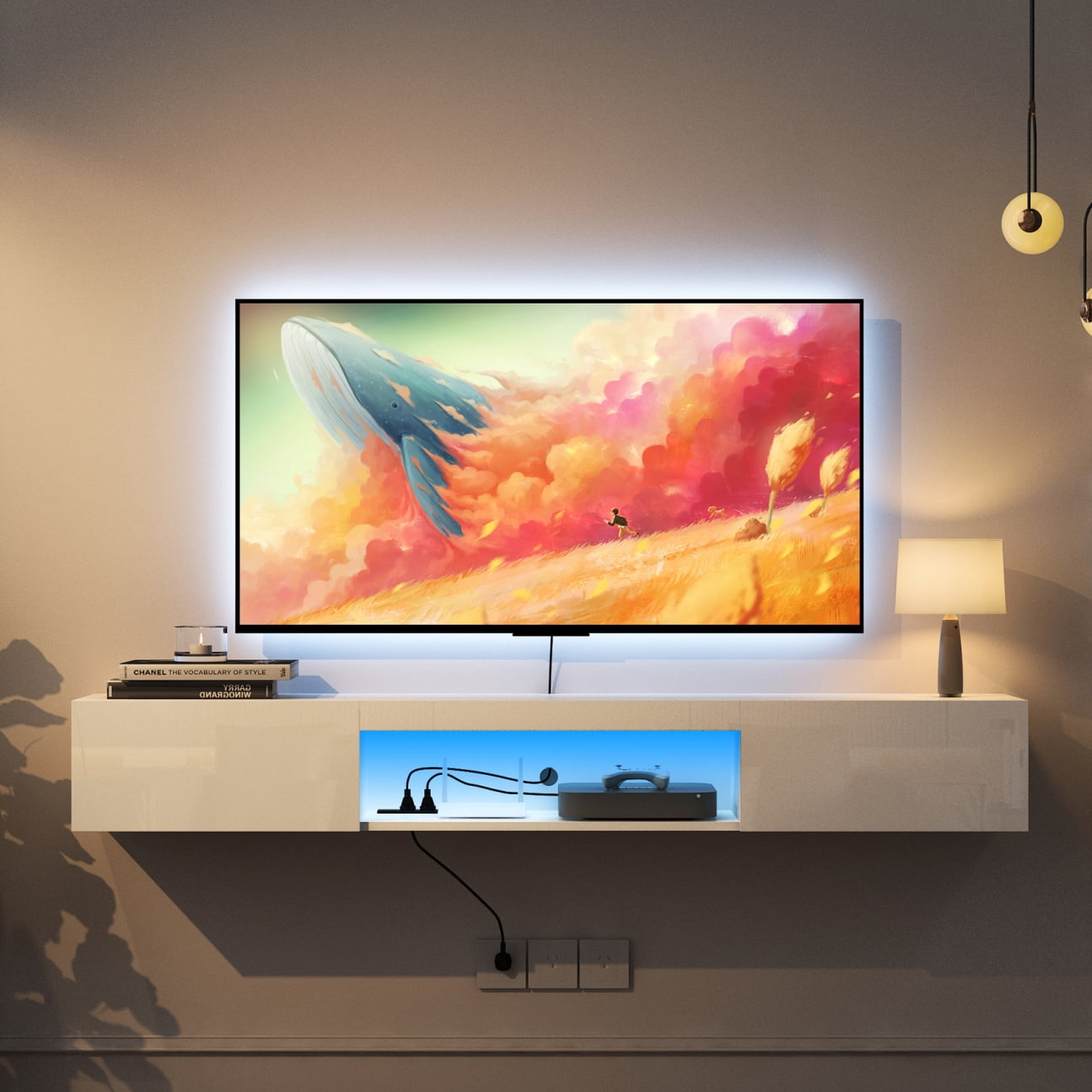 Resenkos Floating TV Stand Wall Mounted with LED Lights and Charging Station, Modern High Gloss Entertainment Center for 70Inch TVs, White