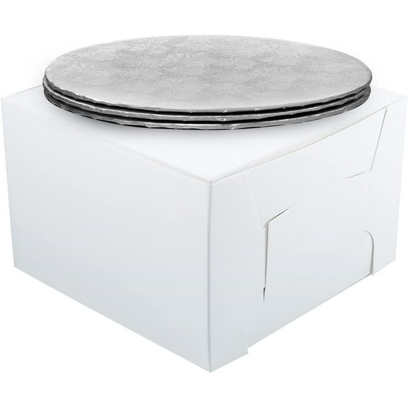 10" Combo Box Set - 10x10x5 1/2 White Cake Box with 10" Silver Round Drum 1/4", Pack of 3