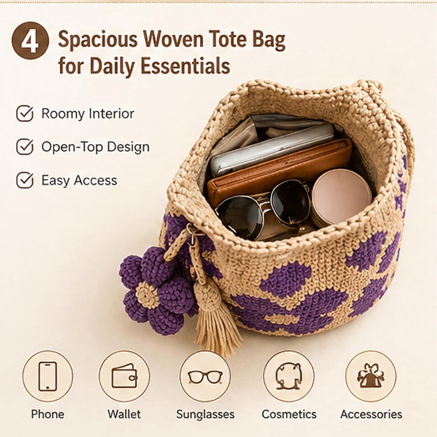 Handmade Crochet Flower Tote Bag for Women, Boho Floral Knit Shoulder Bag, Lightweight Crochet Purse with Tassel Charm