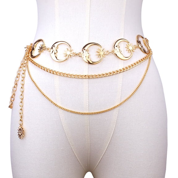 1 pc Alloy Moon 3-Layer Waist Chain Belts Women Metal Link Chain Belts for Pants Dresses Golden 400~1100mm