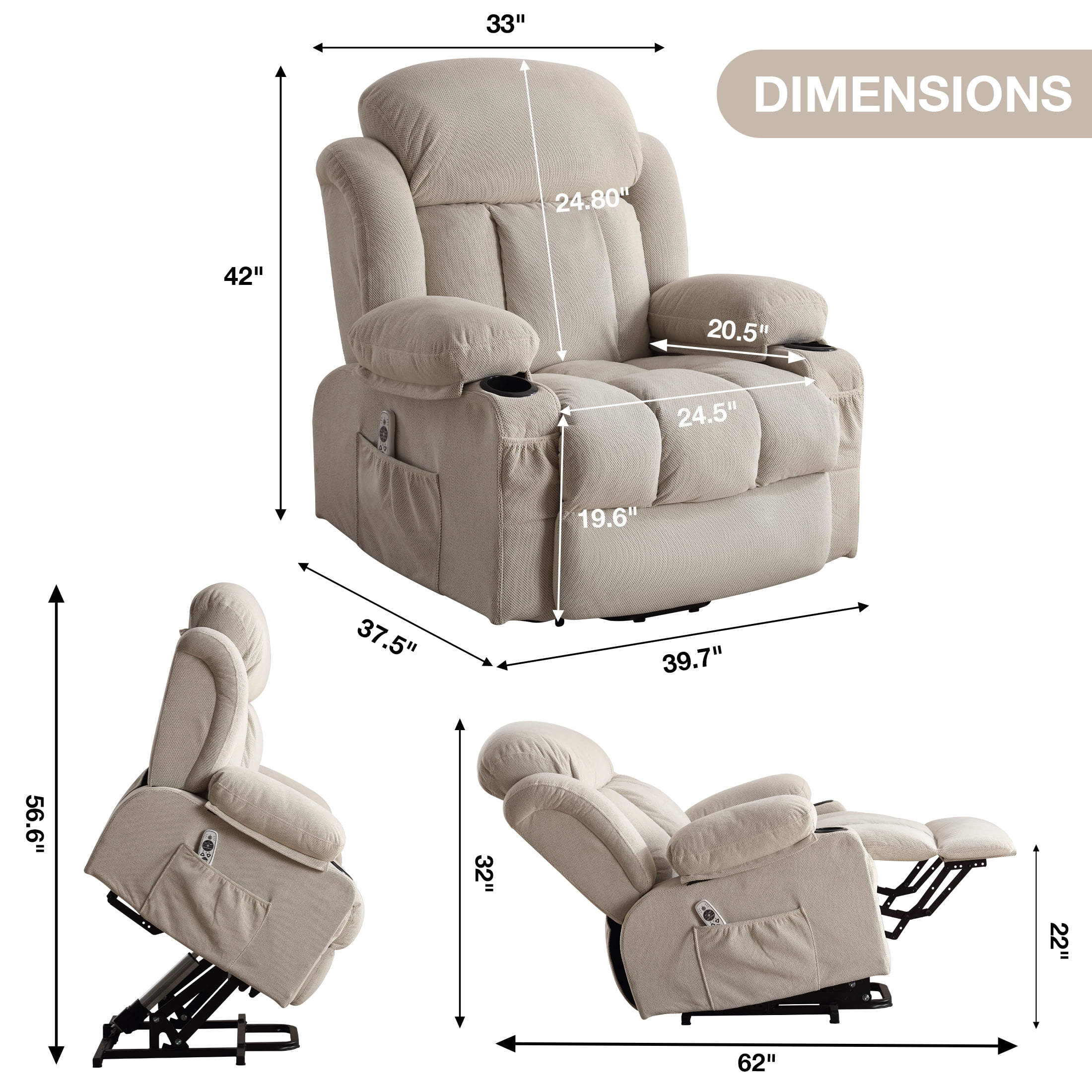 Power Lift Recliner for Elderly, Heavy Duty Electric Recliner Chair with Remote, Plush Fabric Reclining Sofa Chair, Beige