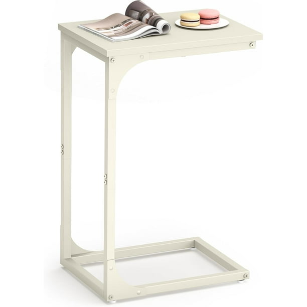 VASAGLE Mesa Auxiliar, Mesa de Sofá en Forma de C, Bandeja de TV, Marco de Metal, Salón, Dormitorio, Blanco Crema
