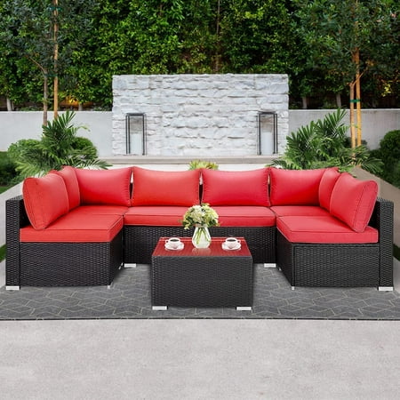 LAUSAINT HOME 7 Piece Patio Conversation Set Outdoor Sectional PE Rattan Wicker Conversation Seat (Red)