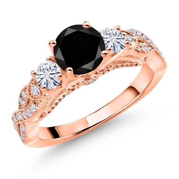 Gem Stone King 18K Rose Gold Plated Silver Black Diamond and White Moissanite Engagement Ring for Women (1.52 Cttw, Gemstone April Birthstone, Round 6MM and 3MM, Size 7)