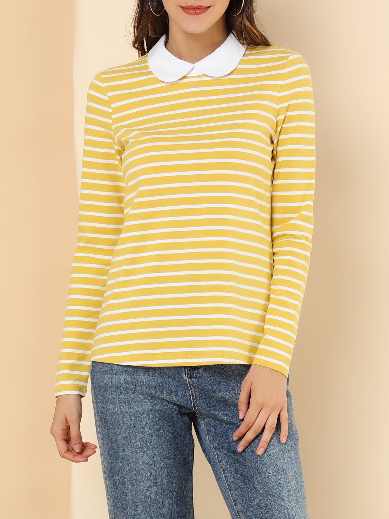 DARING DIVA Peter Pan Collar Striped Top M Yellow