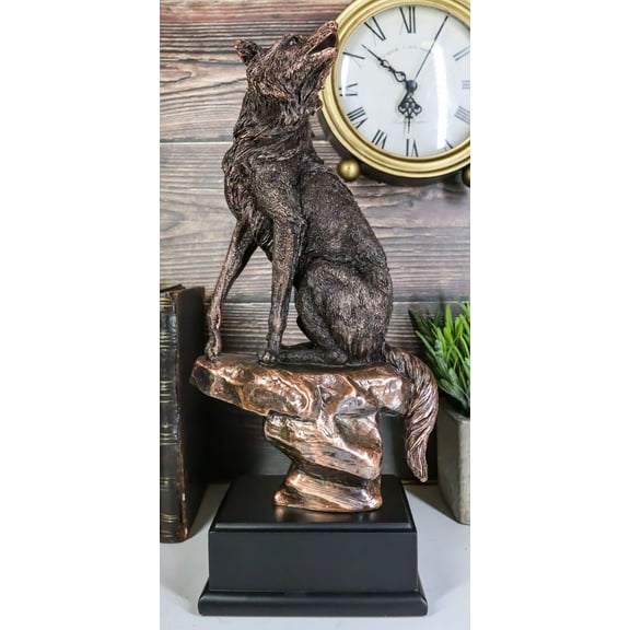 Rustic Moon Howling Alpha Wolf Sitting On Rocky Cliff Figurine With Trophy Base