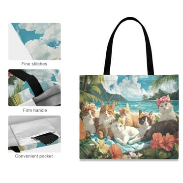 Canvas Tote Bag for Women Girls Design Print Beach Cats Tropical Flowers Tote