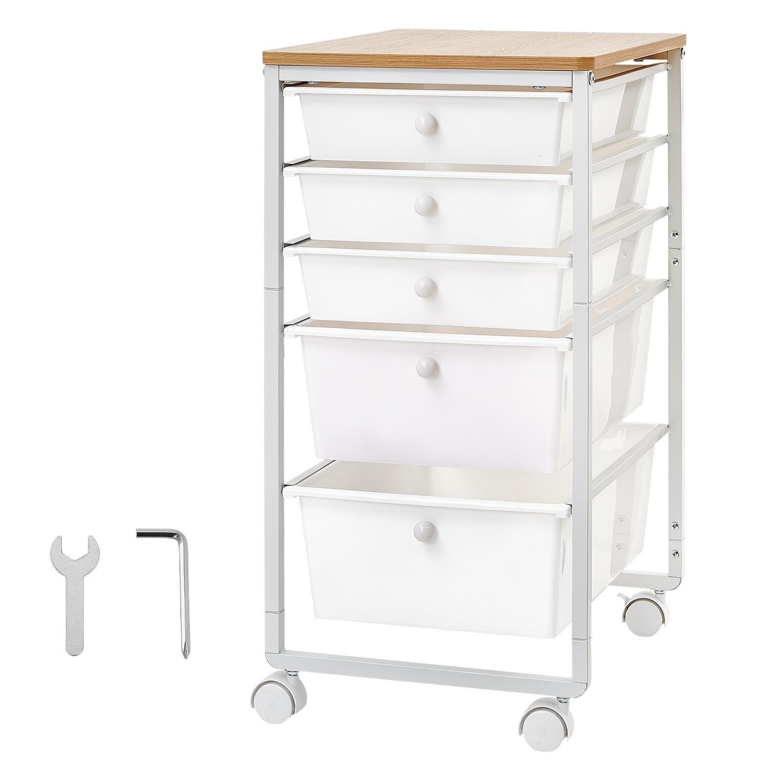 KFFKFF Rolling Cart with Drawers, 5-Drawer Storage Organizer, Mobile Utility Cart with Wooden Top, Sturdy Steel Frame, Swivel Casters & 2 Locking Wheels, Ideal for Office, Classroom, Crafts, White
