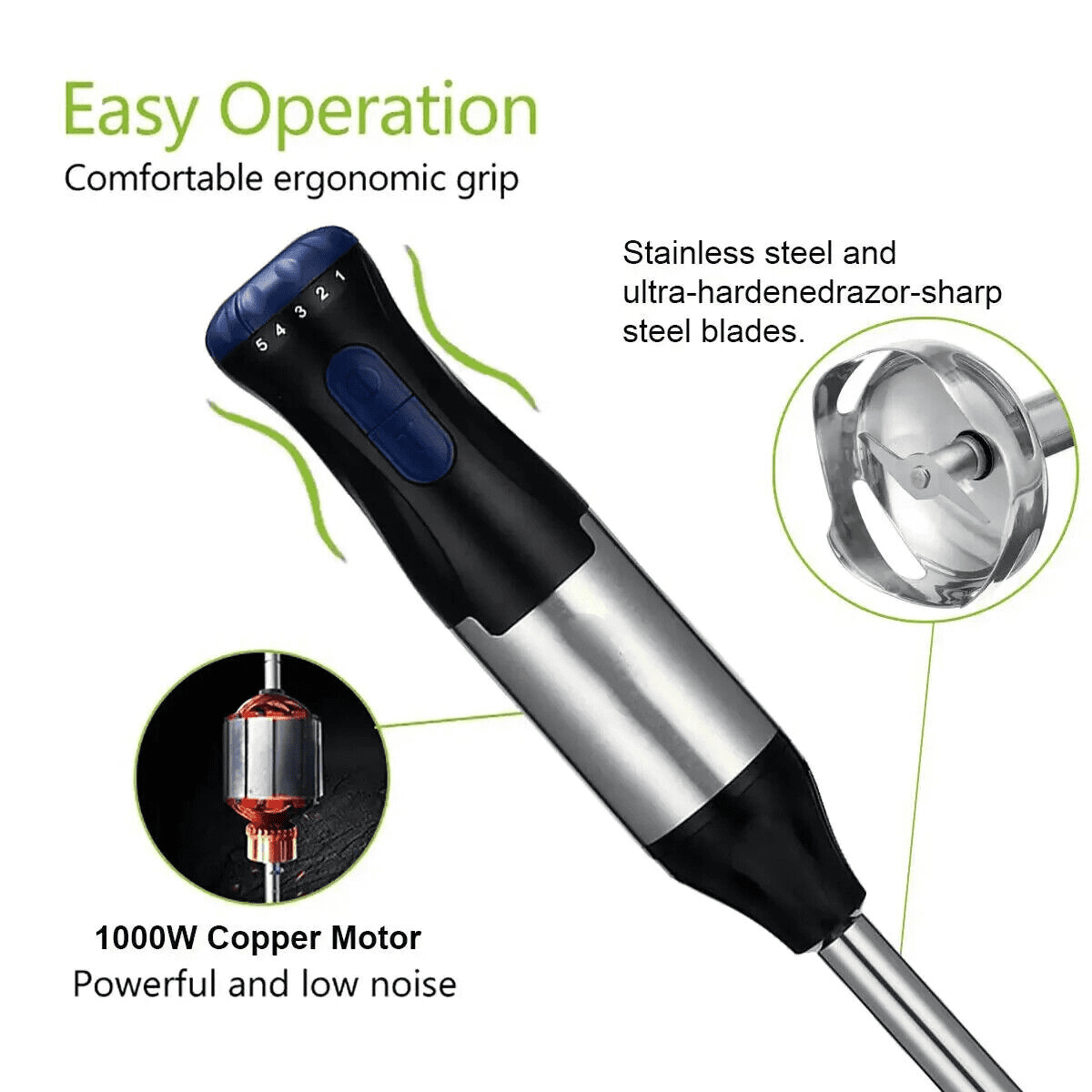 4 in1 handheld immersion blender, 5-speed powerful handheld blender stick with 304 stainless steel blades, chopper, beaker, whisk for smoothies, baby food, purees and soups.