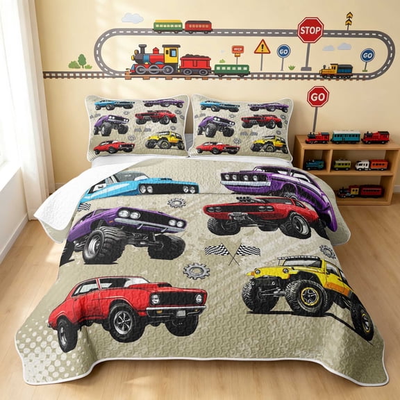 Erosebridal Monster Truck Twin Quilt Set, White Background Twin Coverlet Set, Monster Trucks White 2pcs 1 Bedspread and 1 Pillowcase