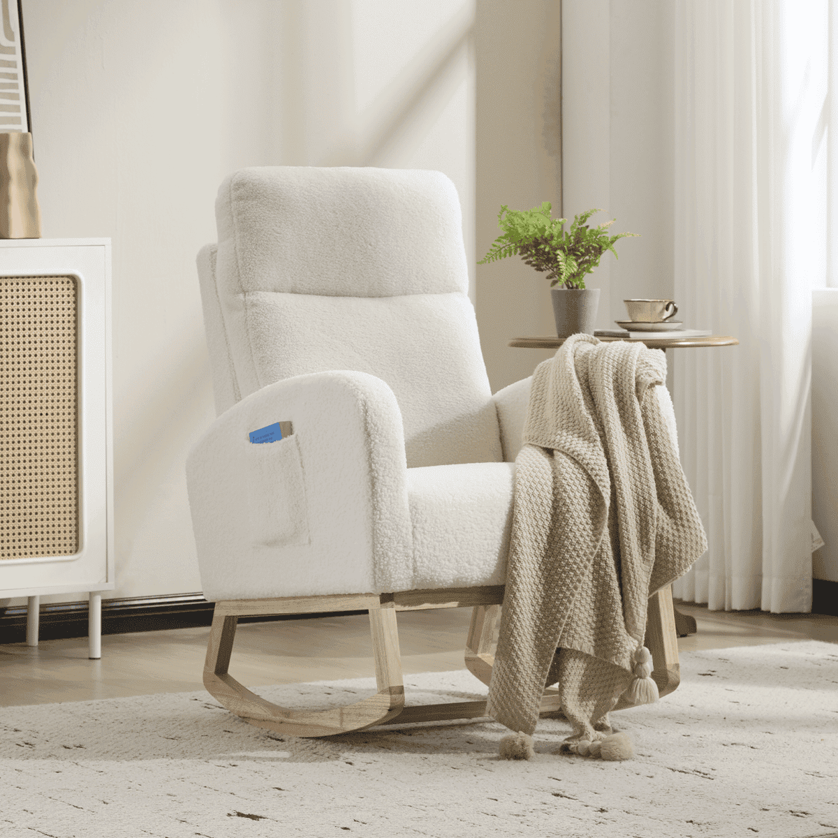 Resenkos Modern Rocking Chair with Wood Legs, Upholstered Glider, Comfy Armchair with Pocket, High Backrest, White