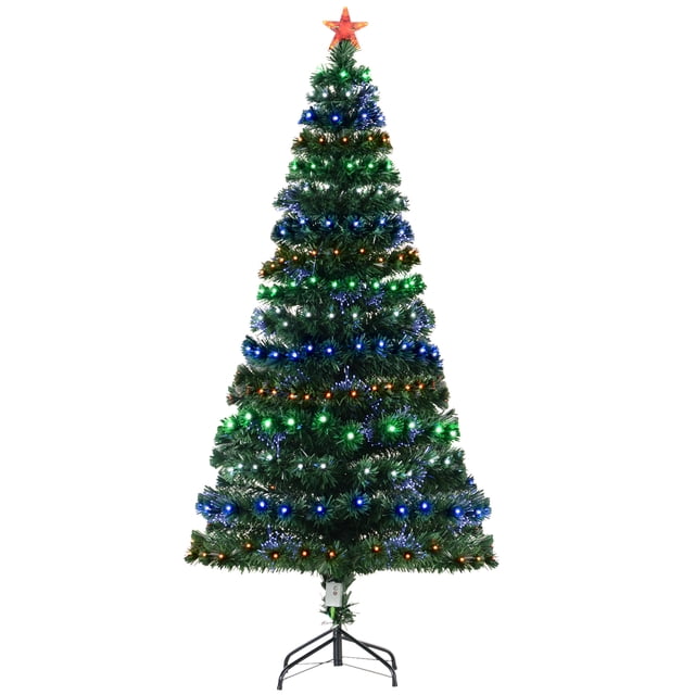 HOMCOM 6FT Pre-lit Artificial Christmas Tree with LED Lights and Fiber Optics, Xmas Holiday Decoration, Green