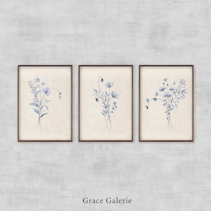 Set of 3, Gallery Floral Art, Blue Botanical Floral Wall Art, Minimalist Wall Art, Farmhouse Decor, , Poster Only