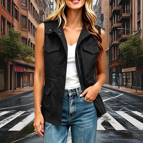 thefmos Women's Solid Color Utility Vest with Pockets Loose Fit Sleeveless Casual Outfit Fashion Fall Winter Outfit, Black M