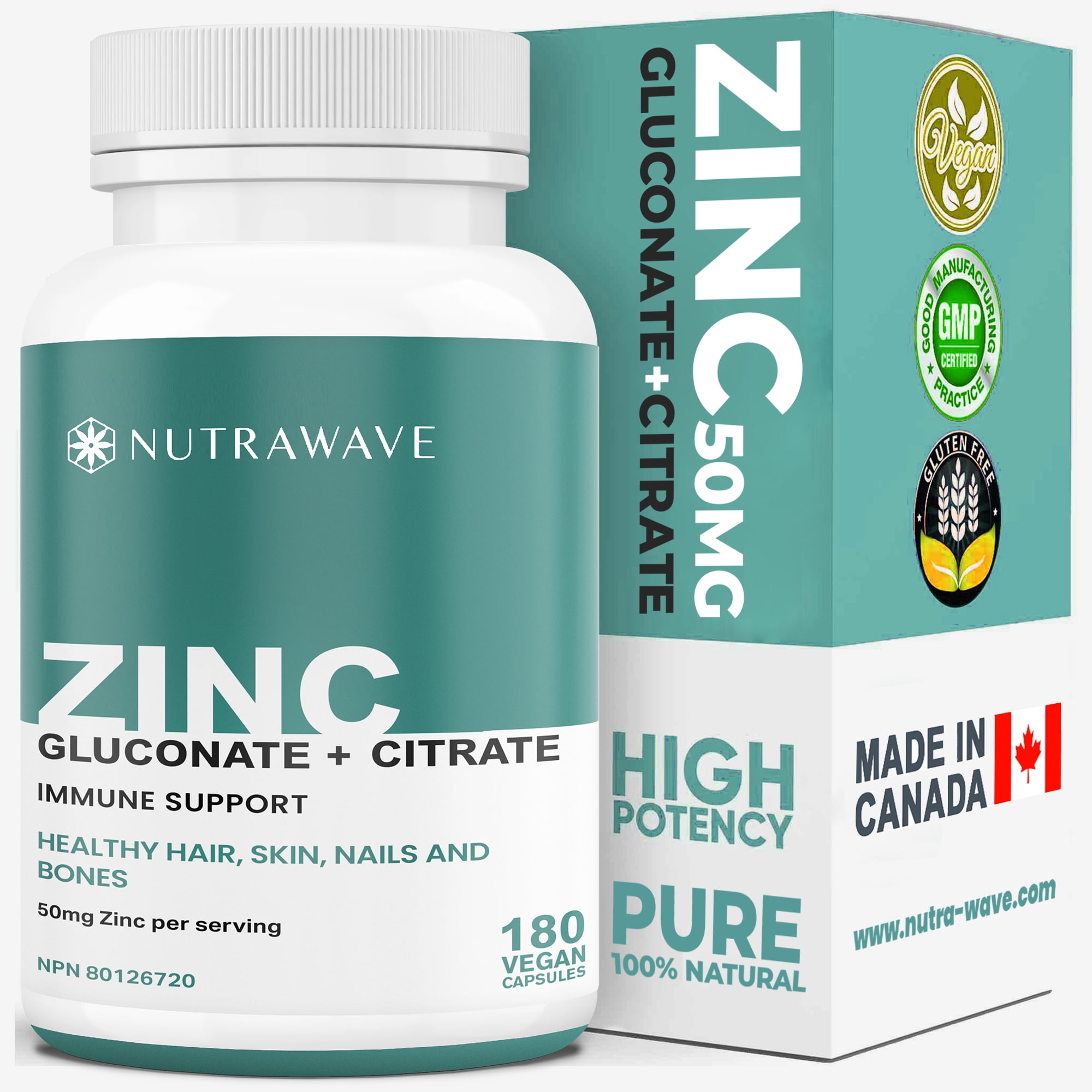 Nutrawave Nutrawave Zinc 50Mg Gluconate + Citrate Capsules – High Absorption, Immune Support – Unflavored – 180 Vegan Capsules