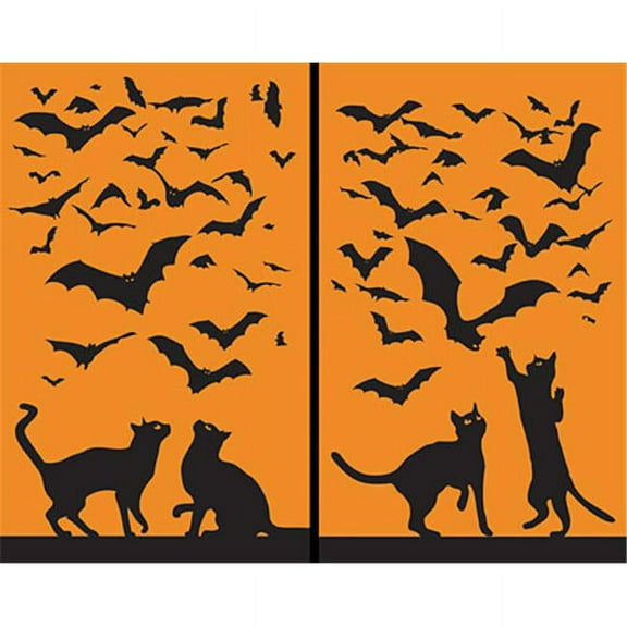 WOWindow Posters Cats & Bats Silhouettes Orange and Black Halloween Window Decoration includes two 34.5"x60" Backlit Posters