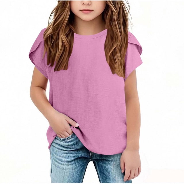 fatyb Big Girls Summer Tops Short Sleeve Lightweight Beach T Shirts Crewneck Solid Color Kids Blouses