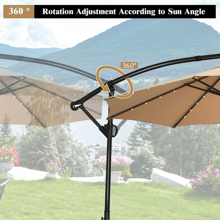 costway 10ft patio umbrella solar powered led 360degrees rotation beige Costway Patio Umbrella Solar Powered LED Lights, 10FT, Outdoor Shade