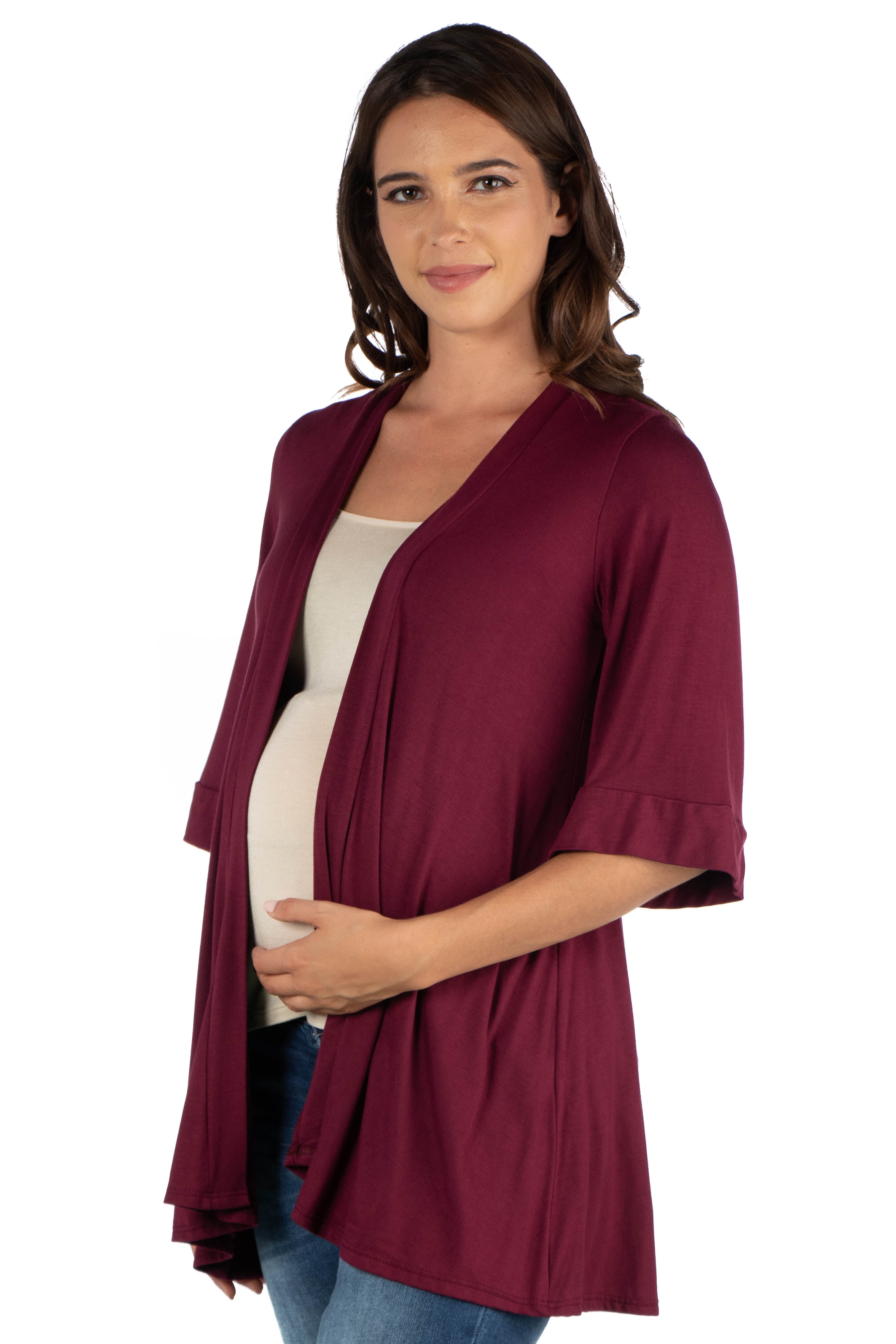 24seven Comfort Apparel Elbow Length Sleeve Open Front Maternity Cardigan