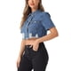 thumbnail image 4 of CHAQUETAS CORTAS CASUAL INSPIRE CHIC PARA MUJER, CON CUELLO Y MANGAS CORTAS, CHAQUETA DE JEAN DESGASTADA TALLA XS AZUL CIELO, 4 of 6