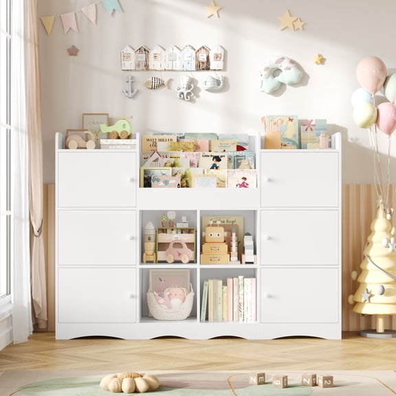 Hiphuta 55"In Kids Bookcase with Toy Storage Organizer, Wood Bookcase Toy Chest of 10 Compartments, Bookshelf for Kids Bedroom Classroom, White