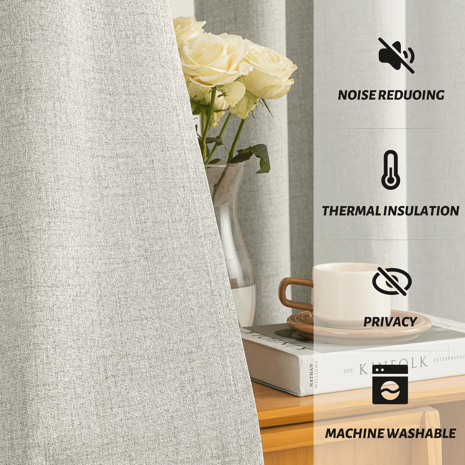 Yakamok 100% Blackout Cream Linen Curtains 90 inches Long for Living Room, Room Darkening Textured Curtains for Bedroom with White Liner 2 Panels